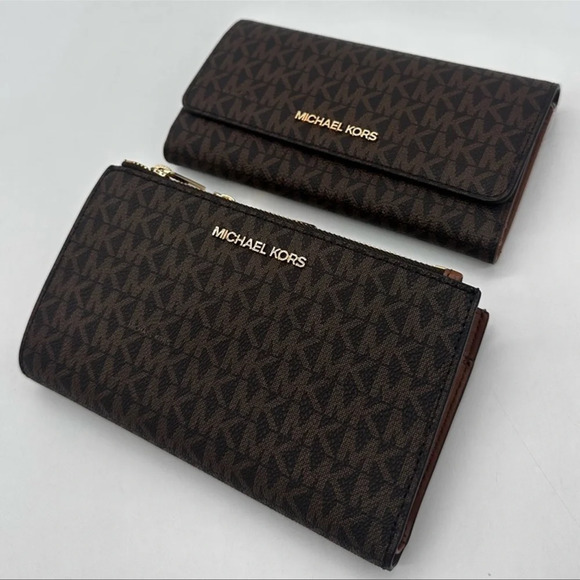 Michael Kors Lg Double Zip Wallet Wristlet & Trifold Wallet Brown - Picture 1 of 13